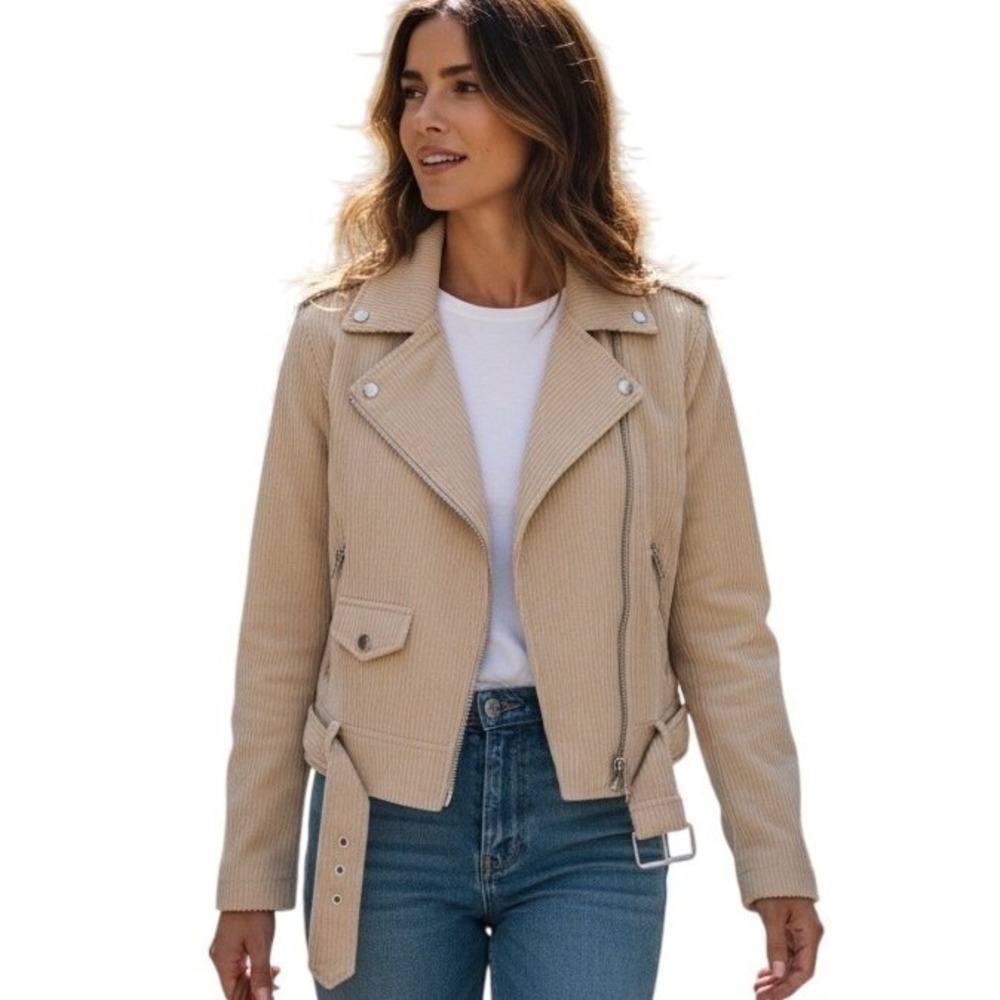 POL Womens Cream Corduroy Moto Jacket Belted Zip Front Size S